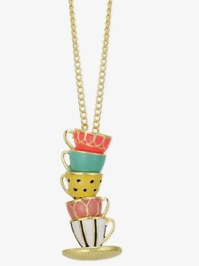 Mad Hatter Pastel Teacup Stack Gold Necklace Whimsical Enamel Pendant